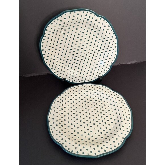 SET OF 2 The Pioneer Woman GREEN RETRO DOTS 10.5 Inches Stoneware Dinner Plates - Picture 1 of 3